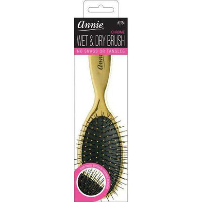 Gold oval cushion brush with flexible bristles designed by Annie for gentle detangling and styling of wet and dry textured and multicultural hair.