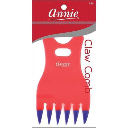 Red plastic claw comb with five widely spaced teeth tipped in blue, designed by Annie International for gently detangling and styling textured and natural hair.