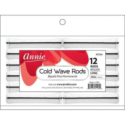 Clear package of twelve long white cold wave rods designed for professional styling and creating defined curls on textured and natural hair by Annie International.