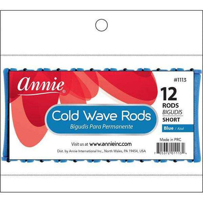 Set of twelve short blue cold wave rods with black ends, designed by Annie International for creating defined, heat-free curls on textured and natural hair.
