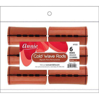 Clear resealable pack of six extra-jumbo brown cold wave rods with black elastic bands, designed for creating gentle, heat-free curls on textured and natural hair.