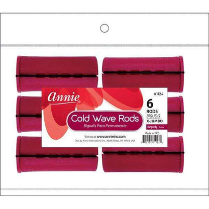 Clear package of six extra-large burgundy cold wave rods with black elastic bands, designed for creating defined, heat-free curls on textured and natural hair.