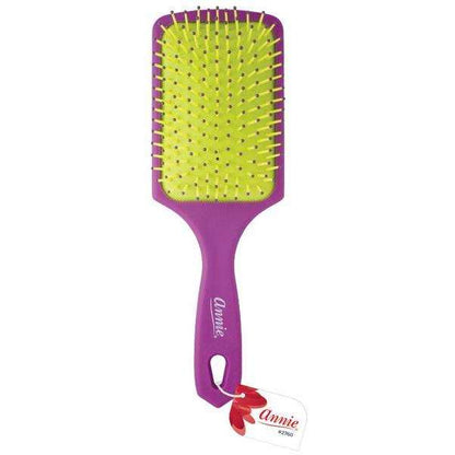 Purple paddle brush with yellow cushion base and nylon bristles designed by Annie for gentle detangling and smoothing textured, natural, and multicultural hair types.