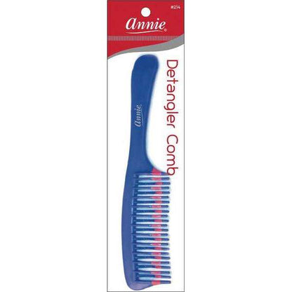Blue gently curved detangler comb with widely spaced two-tone teeth designed for snag-free, smooth detangling of textured and natural hair by Annie International.