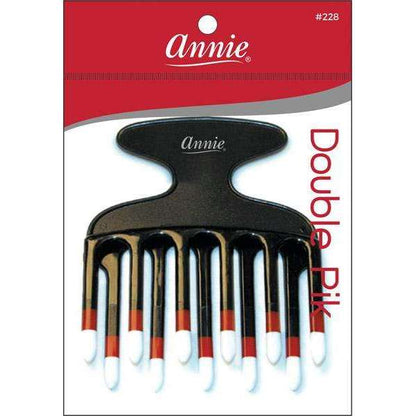Black two-tone double pik hair comb with wide, sturdy teeth featuring rounded tips, designed by Annie International for easy detangling and styling of textured hair.