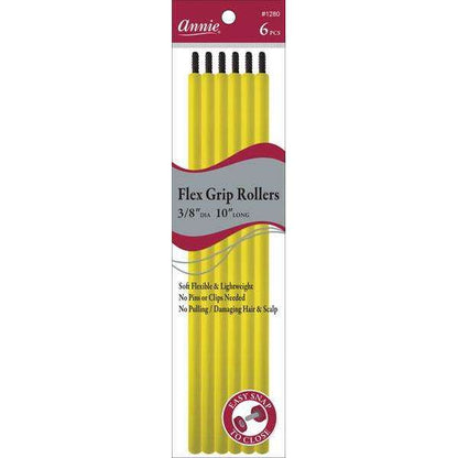 Set of six extra-long yellow flexible hair rollers measuring 3/8 inch diameter and 10 inches long, designed for gentle, snag-free styling on textured and natural hair.