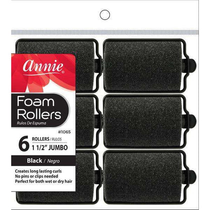 Six black jumbo foam hair rollers with secure tab closures in clear packaging, designed to create long-lasting curls on textured or natural hair without pins or clips.