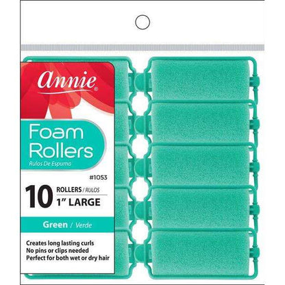 Set of ten large green foam hair rollers designed for creating long-lasting curls on wet or dry textured hair without the need for pins or clips.