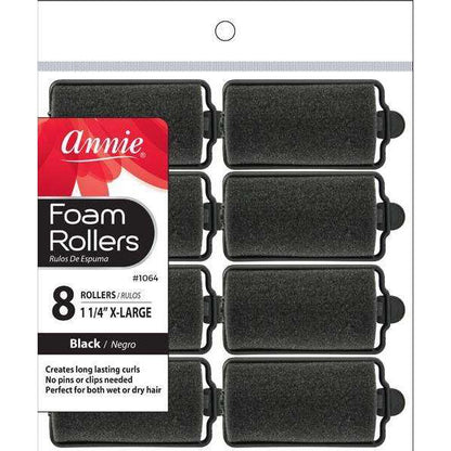 Package of eight extra-large black foam rollers with flexible tab closures designed for gentle, long-lasting curls on textured and natural hair without the need for pins or clips.
