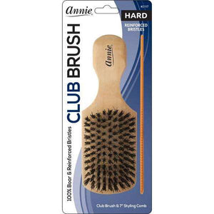Annie International:Annie Hard Wood Club Boar Bristle Brush With Comb 7In