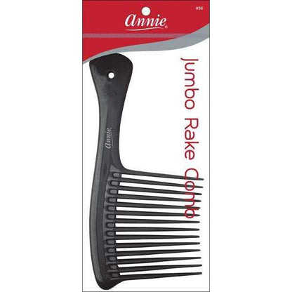 Black jumbo rake comb with wide teeth and a curved handle featuring a hanging hole, designed by Annie International for detangling and styling textured, natural hair.