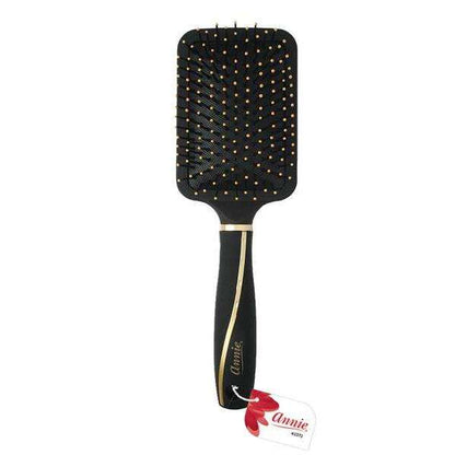 Black jumbo rectangular paddle brush with cushioned base and rounded ball-tipped bristles, featuring an ergonomic handle with gold accents for gentle detangling of textured hair.