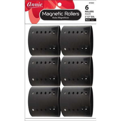 Set of six black magnetic hair rollers measuring 2 1/2 inches, designed for gentle, snag-free styling and curl formation on textured and natural hair types.