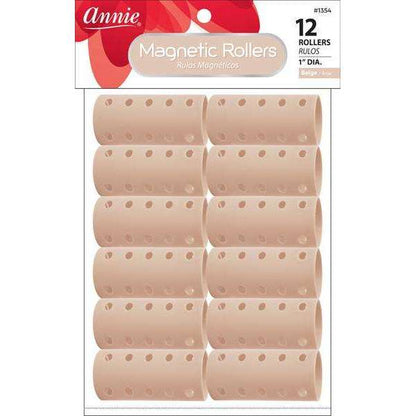 Set of twelve beige magnetic hair rollers measuring one inch diameter, designed for gentle, snag-free curl and wave styling on textured and natural hair.