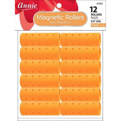 Package of twelve vibrant orange magnetic hair rollers measuring three-quarters inch diameter, designed for gentle, snag-free styling on textured and multicultural hair types.