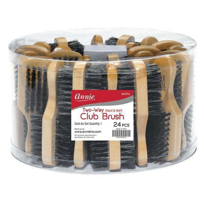 Clear round container holding 24 light brown wooden two-way club brushes featuring soft and firm boar bristles, designed for wave training and styling textured hair by Annie International.