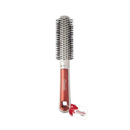 Round curling brush with firm bristles and a comfortable handle in red and white, designed by Annie International for styling and shaping textured and natural hair.