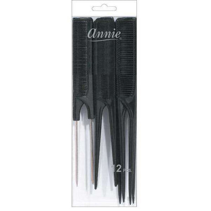 Set of twelve black pin and rat tail combs with fine teeth and pointed handles for precise parting and styling, designed for textured and natural hair care.