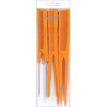 Set of twelve orange pin and rat tail combs featuring varied fine teeth and pointed tails for precise sectioning and styling, designed for textured and natural hair care.