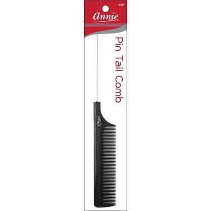 Black pin tail comb with fine teeth and a long metal tail designed for precise parting and styling of textured, natural, and multicultural hair by Annie International.