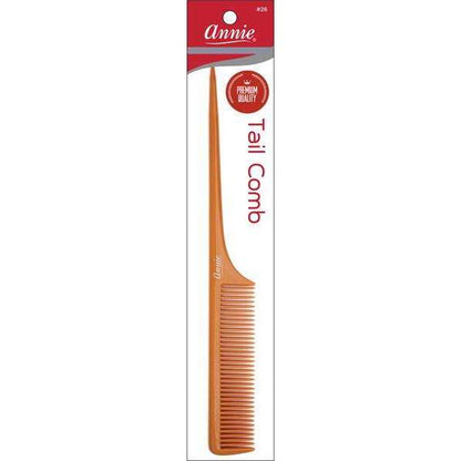 Orange rat tail comb with fine, evenly spaced teeth and a long pointed handle for precise sectioning and styling of textured and natural hair, by Annie International.