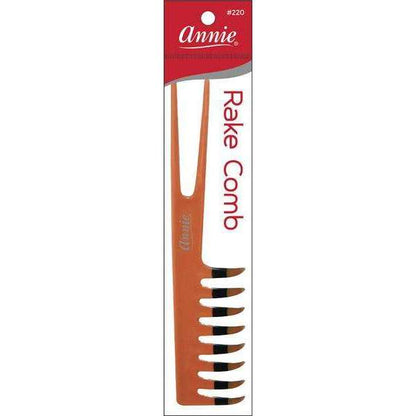 Two-tone wide-tooth rake comb with evenly spaced black and brown teeth designed for gentle detangling and styling of textured, natural hair by Annie International.