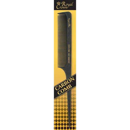 Black carbon hair comb with fine teeth and a long rat tail handle, designed for precise sectioning and styling of textured and multicultural hair.