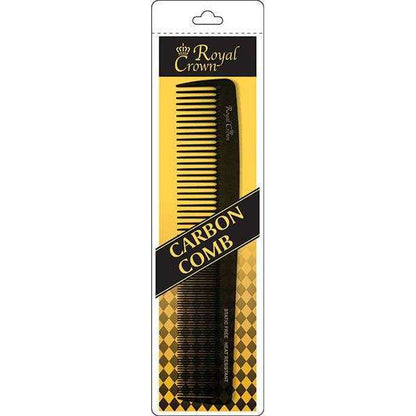 Black wide-tooth carbon comb in protective packaging, designed for smooth detangling and cutting of textured and multicultural hair with durability and precision.