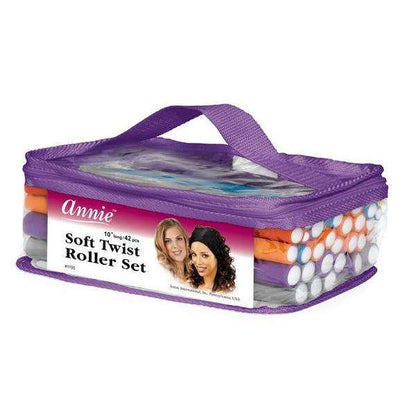 Clear purple zippered bag with handle containing 42 assorted color soft twist hair rollers designed for gentle, snag-free styling on textured and natural hair.