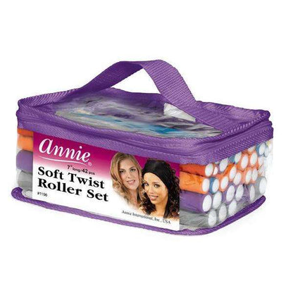 Clear zippered bag with purple trim containing 42 soft twist hair rollers in assorted colors, designed for gentle, heat-free styling of textured and natural hair.