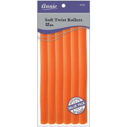 Package of twelve orange soft twist rollers measuring 5/8 inch diameter and 10 inches long, designed for gentle, snag-free styling on textured and natural hair.