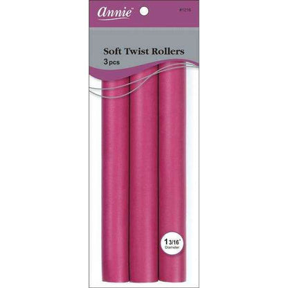 Three plum-colored soft twist hair rollers with 1 3/16 inch diameter, designed for gentle, snag-free styling of textured and natural hair types.