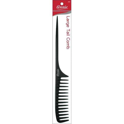 Black large tail comb with widely spaced teeth and an extended pointed handle designed by Annie International for easy sectioning and detangling textured, natural, and multicultural hair.