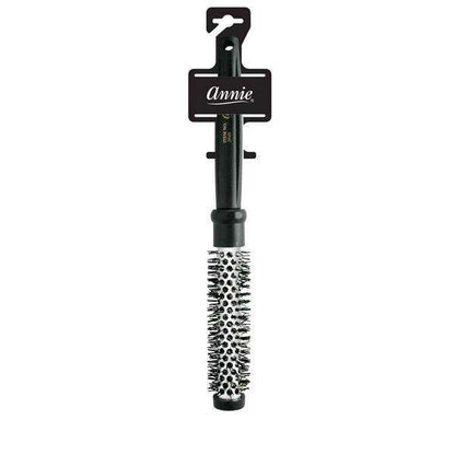 Black 1-inch round thermal curling brush with ceramic barrel and nylon bristles, designed for professional styling and gentle heat application on textured hair.