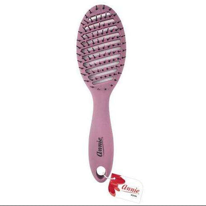 Orchid haze vent brush with ball-tipped flexible bristles and ergonomic handle designed by Annie for gentle detangling and enhanced airflow on textured and natural hair.