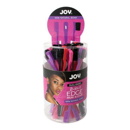 Clear container holding 24 dual-ended edge brushes and combs in assorted pink and purple shades, each featuring a 100% natural boar bristle brush for textured hair styling.