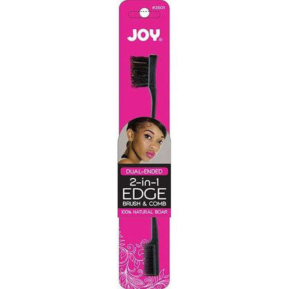 Black dual-ended edge tool featuring a natural boar bristle brush and a fine-tooth comb designed for precise styling and smoothing of textured, multicultural hair edges.