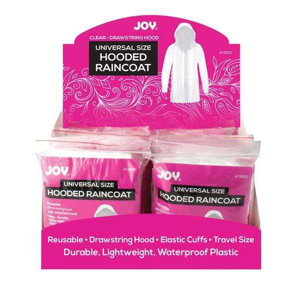 Joy Universal Size Drawstring Hood Rain Coat Display Set 12ct Clear