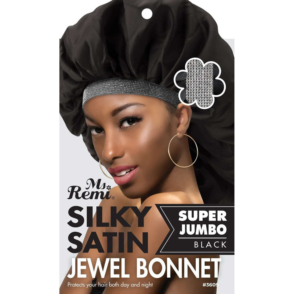 Ms. Remi Silky Satin Jewel Bonnet X-Jumbo Black Bonnets Ms. Remi   