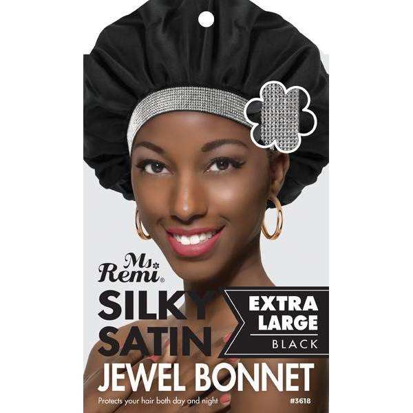 Ms. Remi Silky Satin Jewel Bonnet, XL Black Bonnets Ms. Remi   