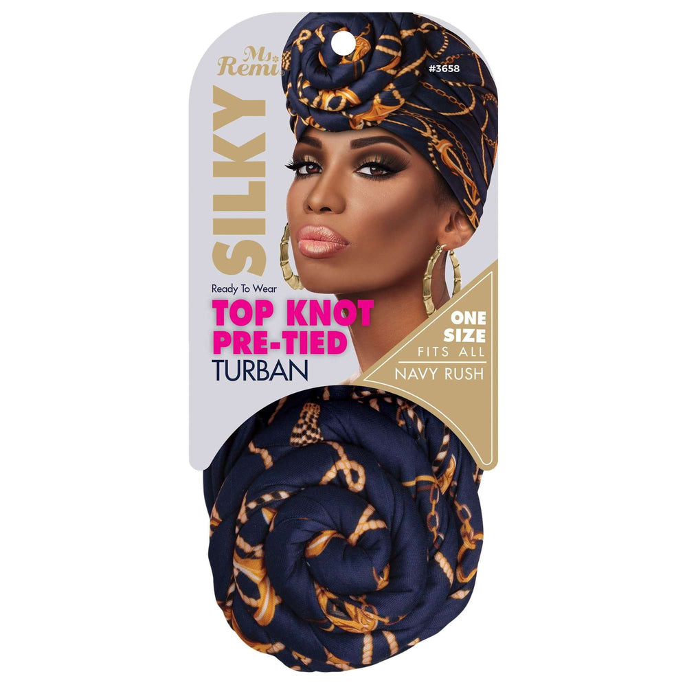 
                  
                    Load image into Gallery viewer, Ms. Remi Silky Top Knot Pre-Tied Turban Assorted Colors Turbans Ms. Remi Navy Rush  
                  
                