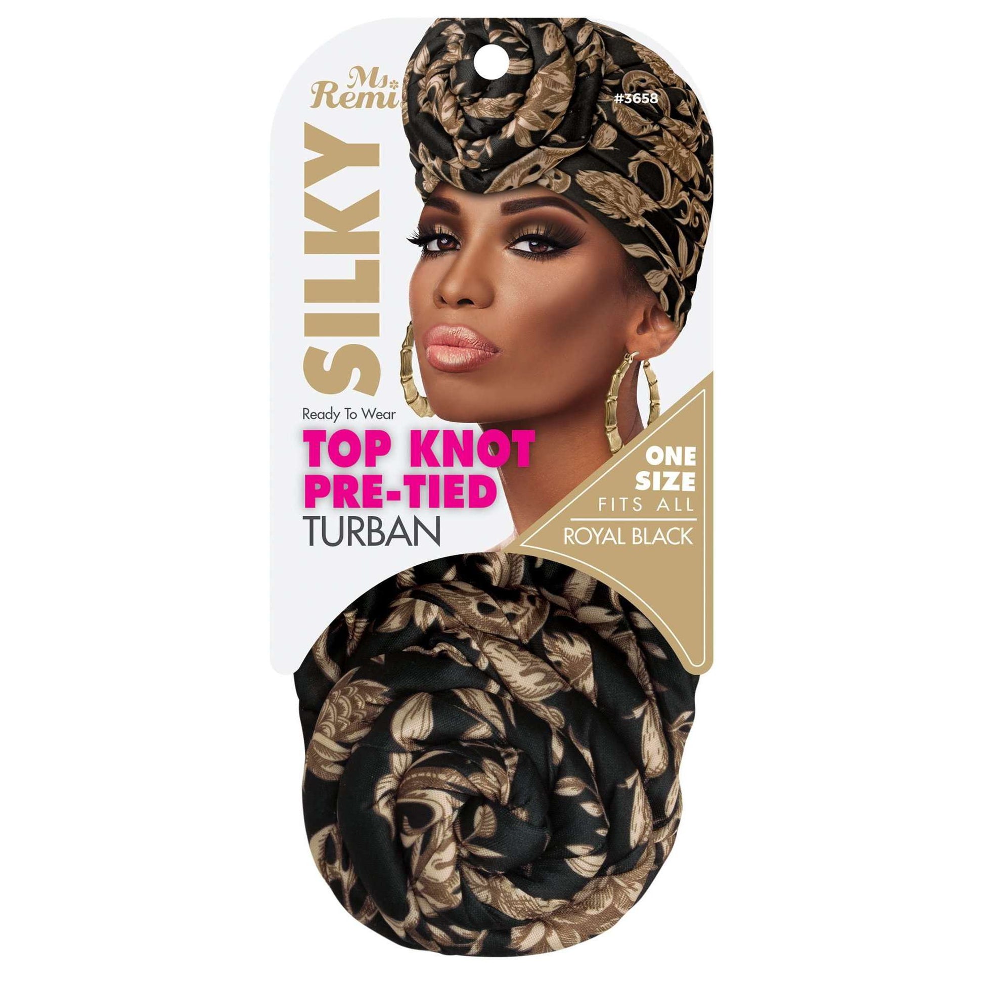 Ms. Remi Silky Top Knot Pre-Tied Turban Assorted Colors Turbans Ms. Remi Royal Black  